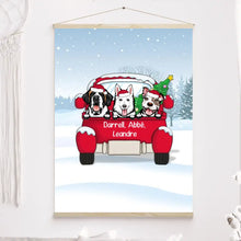Charger l'image dans la galerie, Toile à suspendre personnalisée, Toile cadeau pour Maman et Papa Chien, jusqu'à 3 chiens, Voiture rouge, joyeux noël