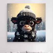 Charger l'image dans la galerie, 3D Bébé Vache Angus noire dans la neige Toile à suspendre personnalisés, 3D Décor pour le salon à Noël