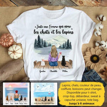 Charger l'image dans la galerie, Jusqu'à 6 animaux, t shirt personnalisé lapin et chat, tee shirt lapin chat femme, juste une femme qui aime les chats et les lapins