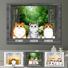 Charger l'image dans la galerie, Jusqu'à 9 chats, Toile personnalisée, Chat mignon furtivement sur fond de fenêtre tournesol, champ de lavande et forêt