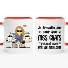 Charger l'image dans la galerie, Jusqu'à 4 chats, mug chat personnalisé, tasse maman chat, Je travaille dur pour que mon chat puisse avoir une vie meilleure