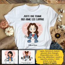 Charger l&#39;image dans la galerie, Jusqu&#39;à 9 lapins, t shirt personnalisé lapin, tee shirt lapin femme, juste une femme qui aime les lapins
