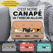 Charger l&#39;image dans la galerie, Oreiller jusqu&#39;à 9 chiens et chats, Coussin carré personnalisables, C&#39;est notre canapé Va t&#39;asseoir ailleurs
