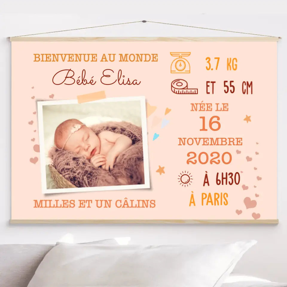 Toile à suspendre Personnalisée, toile cadeau maman, famille, nouveau-né, Bienvenue au monde milles et un cârlins