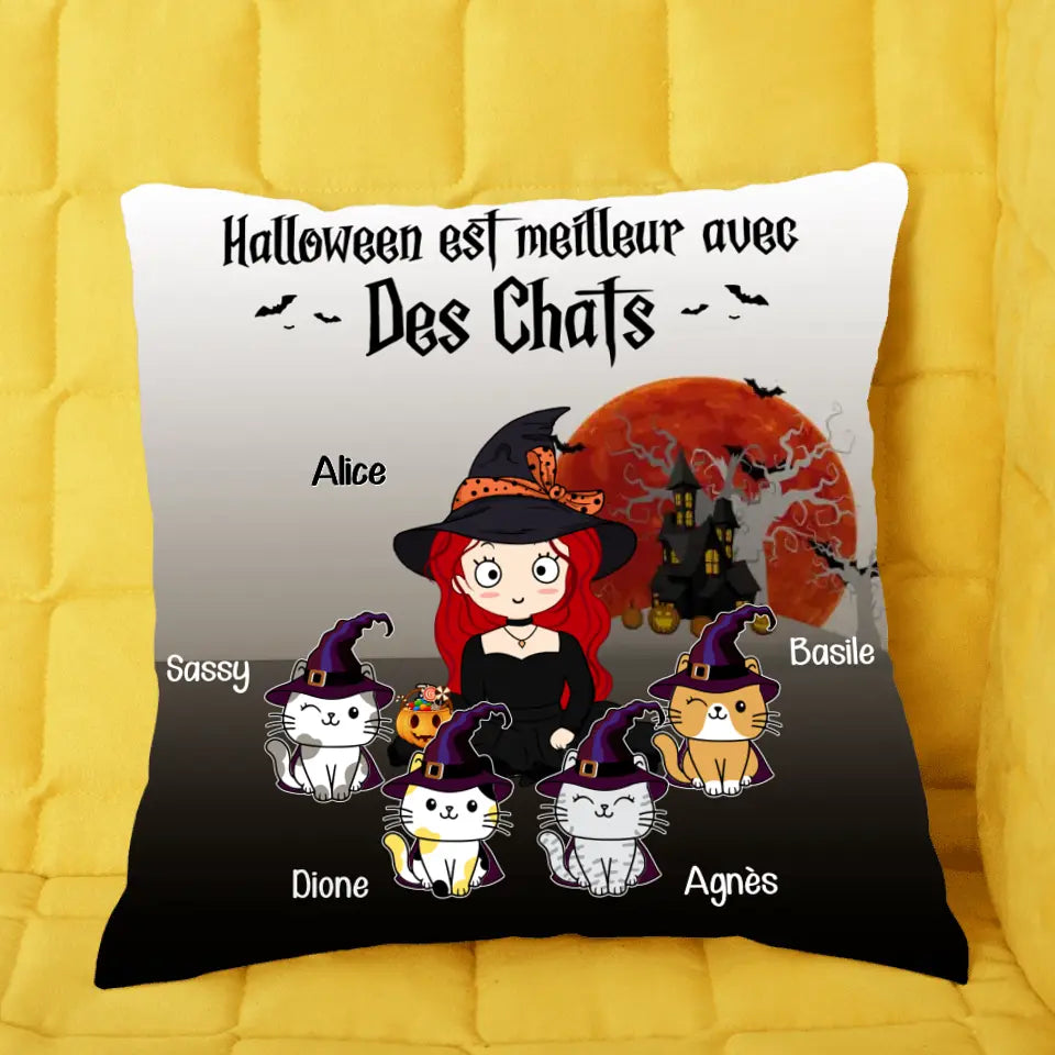 Jusqu'à 9 Chats, Oreiller personnalisée, Canapé Coussin cadeau pour Maman Chat, grand-mère, Halloween des chats