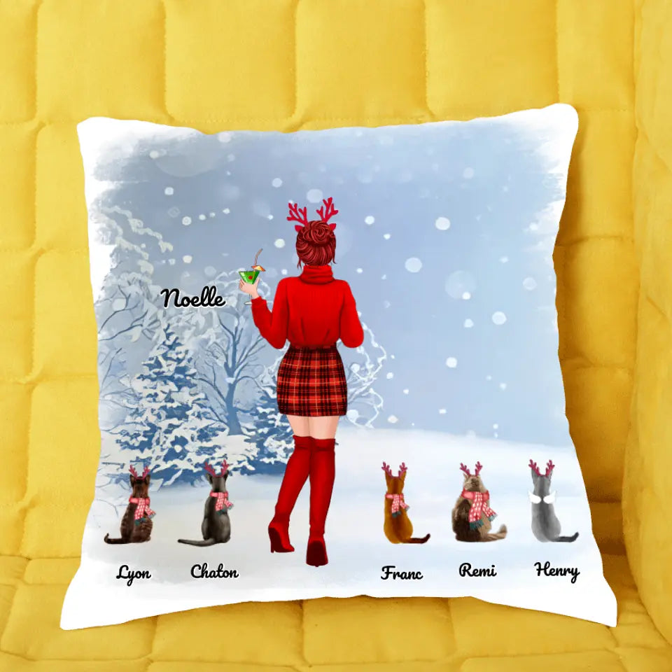 Jusqu'à 5 Chats, Oreiller personnalisée, Canapé Coussin cadeau pour Maman Chat, neige, joyeux Noël