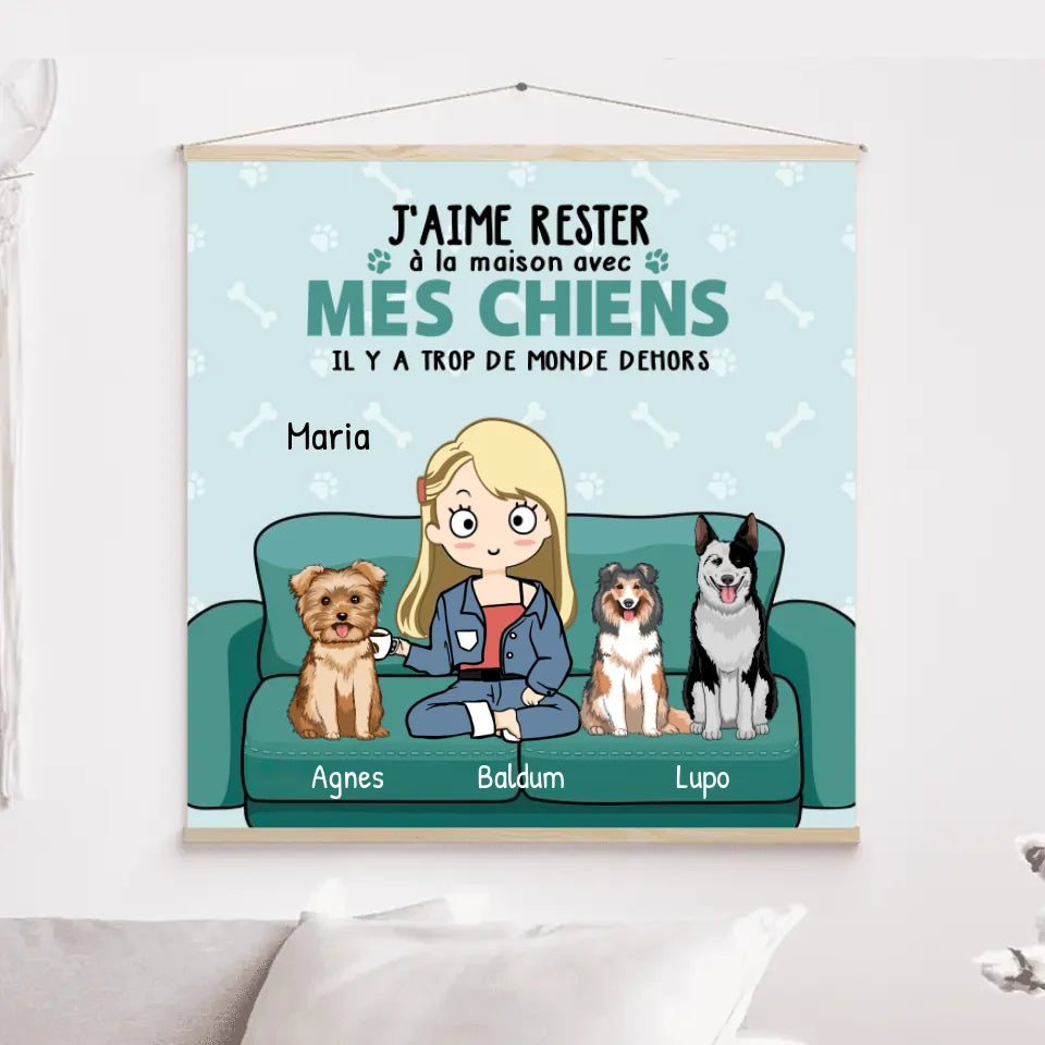 Toile à suspendre personnalisée, cadeau pour maman chien, l'aime rester à la maison avec mec chiens