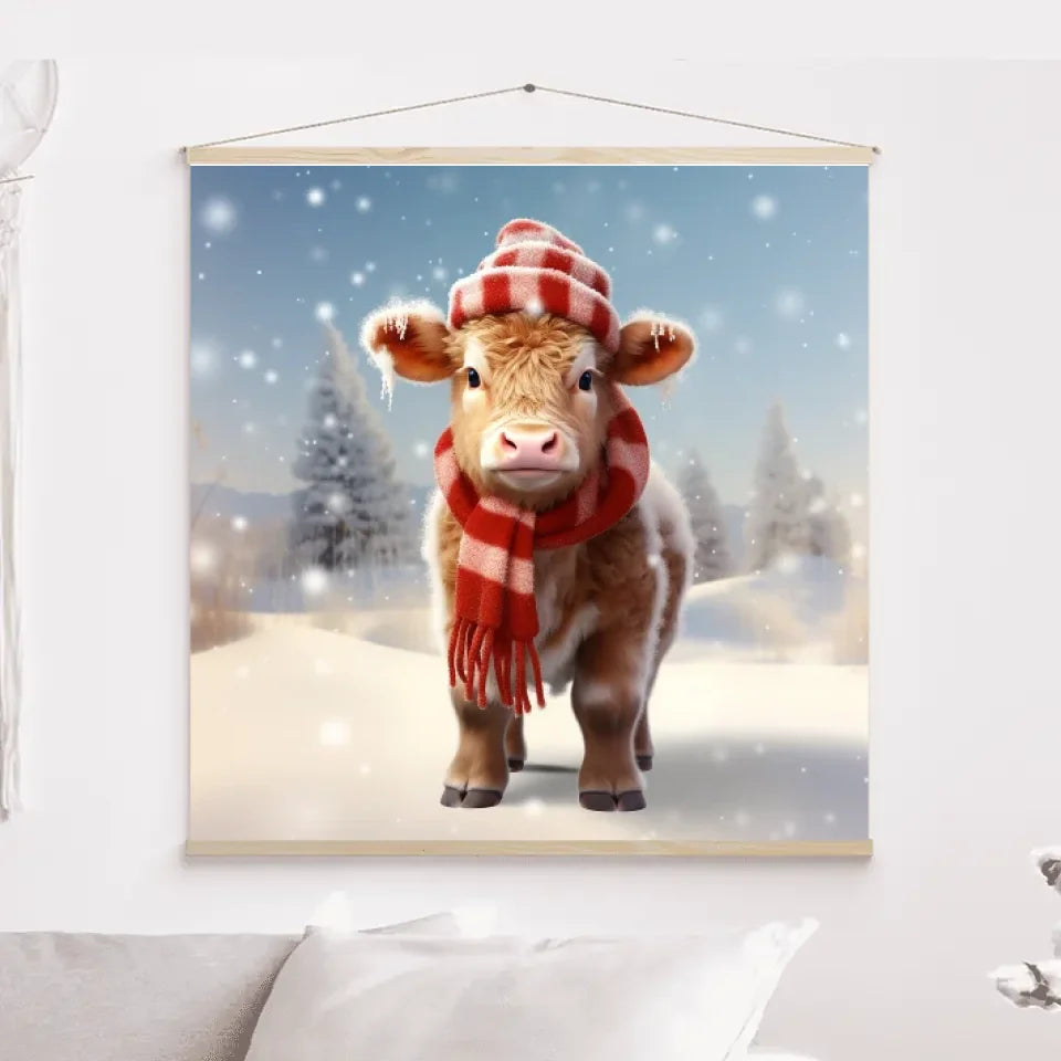 3D Bébé Vache Angus dans la neige Toile à suspendre personnalisés, 3D Décor pour le salon à Noël