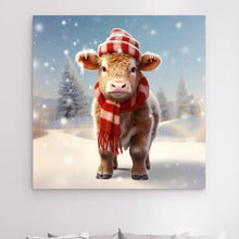 Charger l&#39;image dans la galerie, 3D Bébé Vache Angus dans la neige Toile à suspendre personnalisés, 3D Décor pour le salon à Noël
