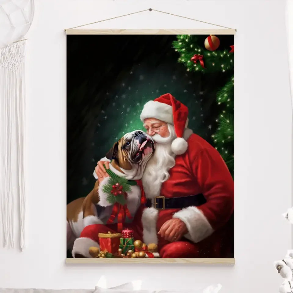 Bouledogue anglais et Père Noël Toile à suspendre personnalisée, cadeau pour amoureux des chiens, décoration du salon