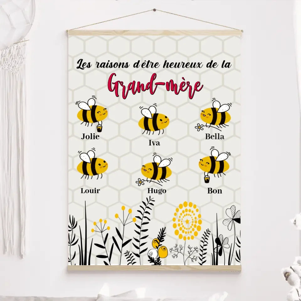 Enfants Toile à suspendre personnalisée Noms, cadeau pour aime les abeilles, Les raisons d'être heureux de Grand-mère, Mamie