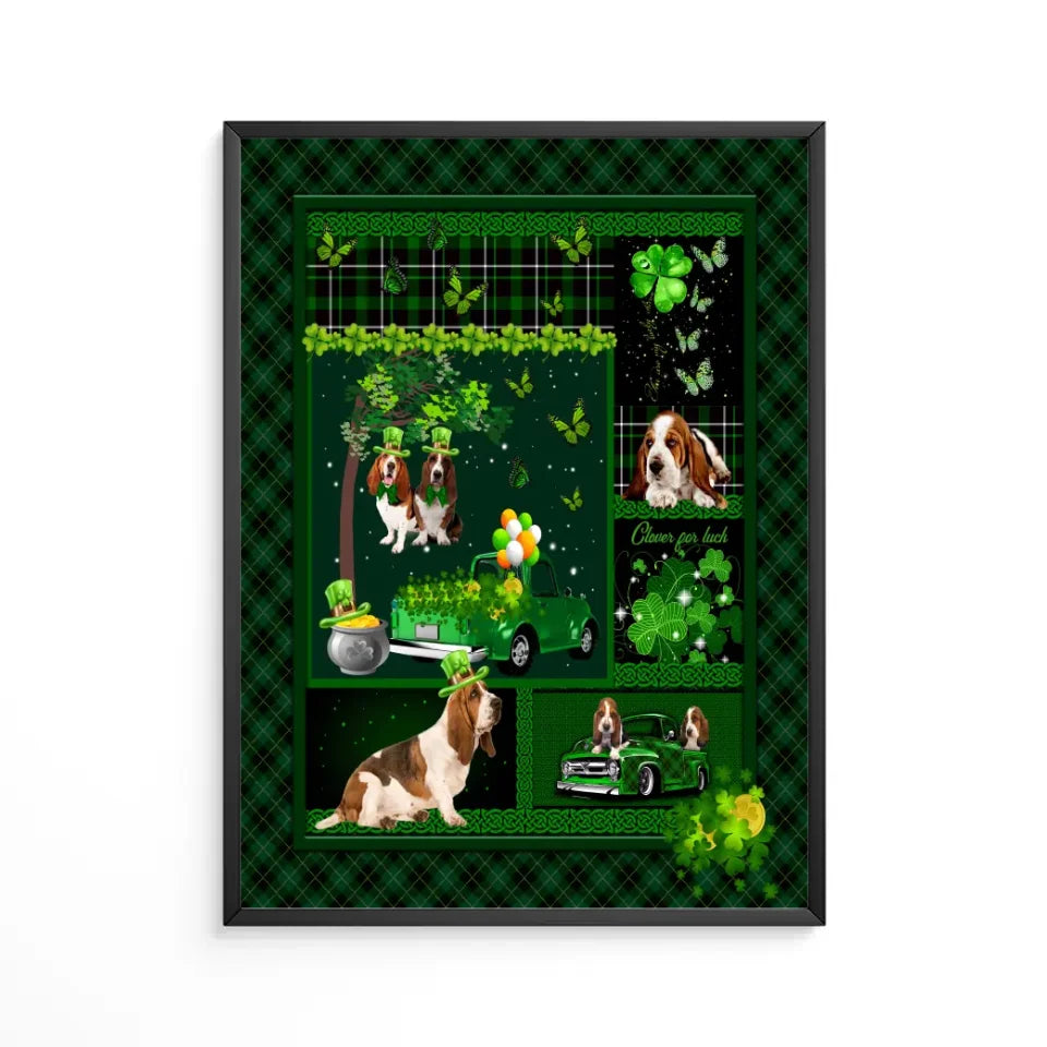 Chien Basset Hound Poster personnalisée, cadeau pour Amoureux des chiens, Irish Shamrock St Patrick's Day