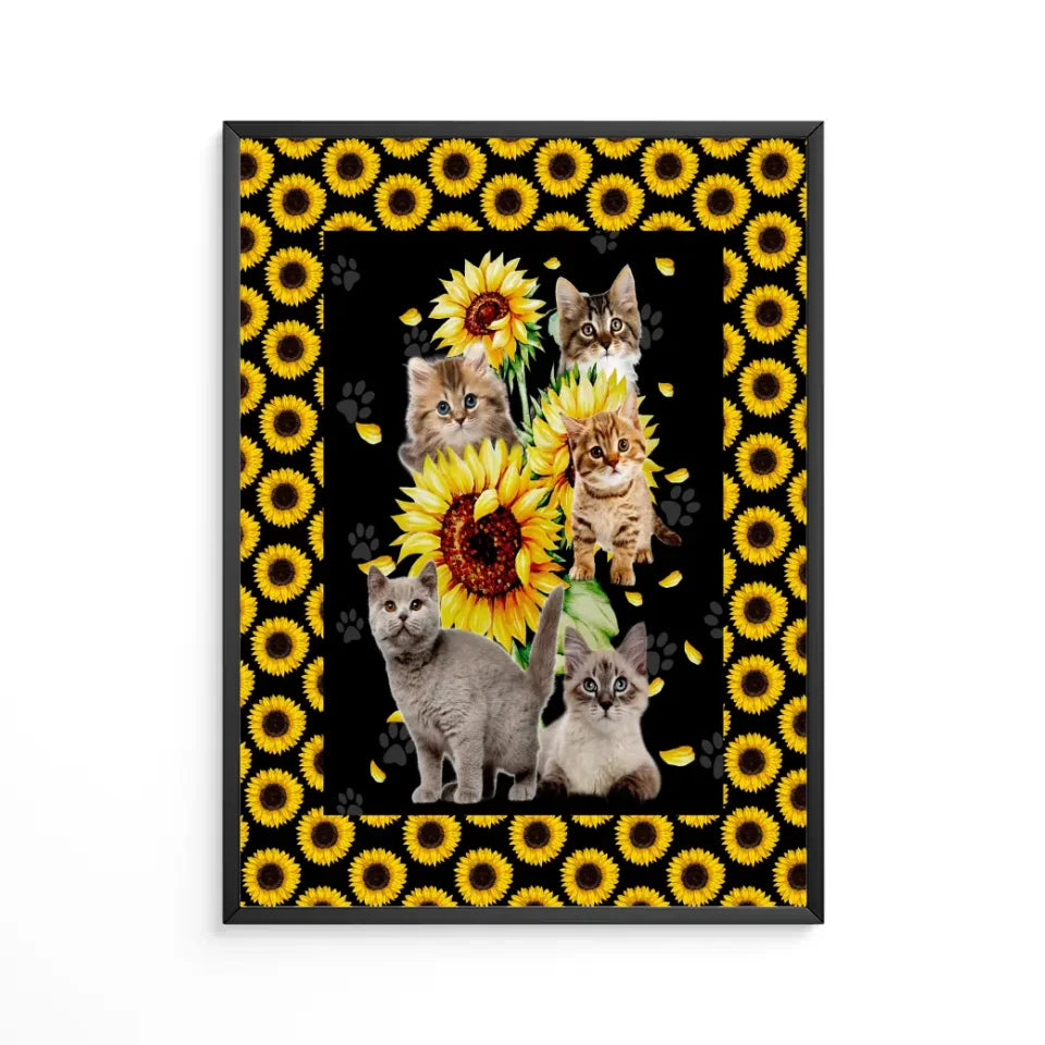 Chat Tournesol Poster encadré en bois personnalisée, cadeau pour Amoureux des chats, maman et papa chat