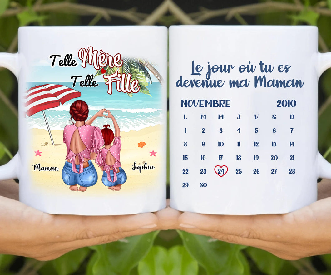 Date d'anniversaire Mug personnalisé, Fête des mères Cadeaux pour maman, Plage, été, Telle mère, telle fille