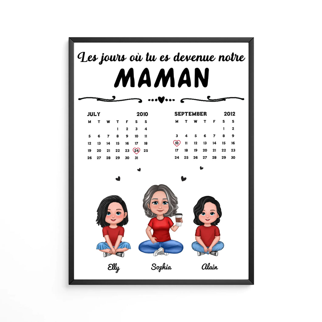 Date d'anniversaire Calendrier Poster personnalisée, cadeau pour maman, fête des mères, Le jour où tu es devenue ma maman