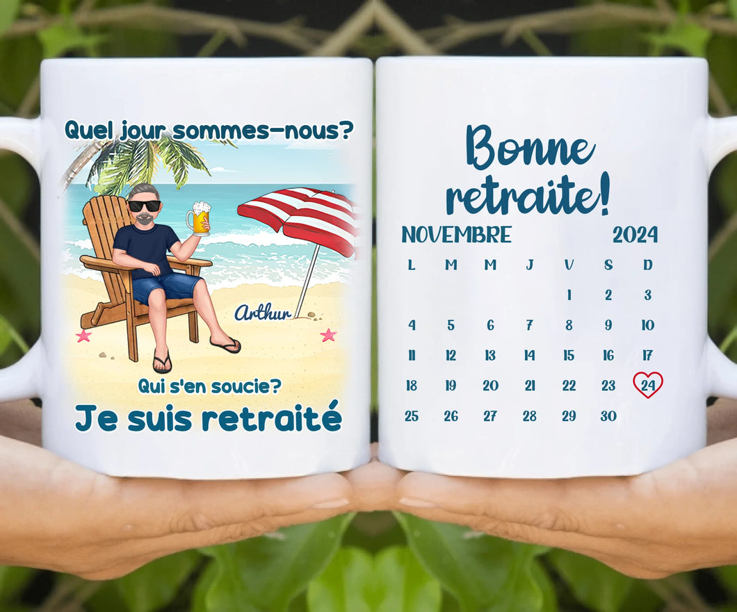 Date d'anniversaire Mug Calendrier personnalisé, fête des pères Cadeaux pour Papa, Plage, été, Je suis retraité