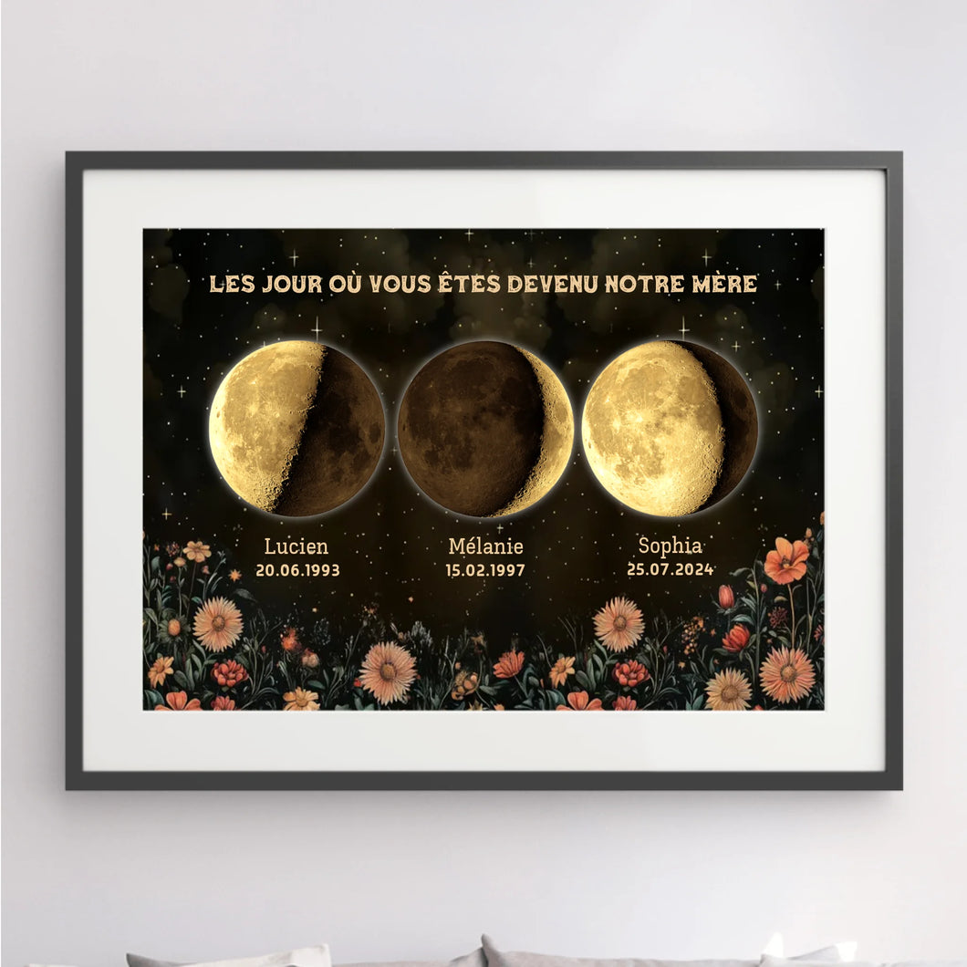 Phase de Lune Fleurs vintage Passe partout personnalisé, Fête des Mères pour maman, Le jour où vous êtes devenu notre Mère