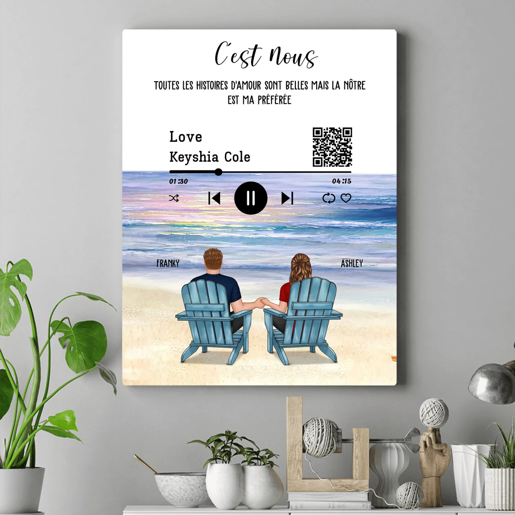 Toile personnalisée, Saint-Valentin Cadeau couple, Couple assis sur la plage