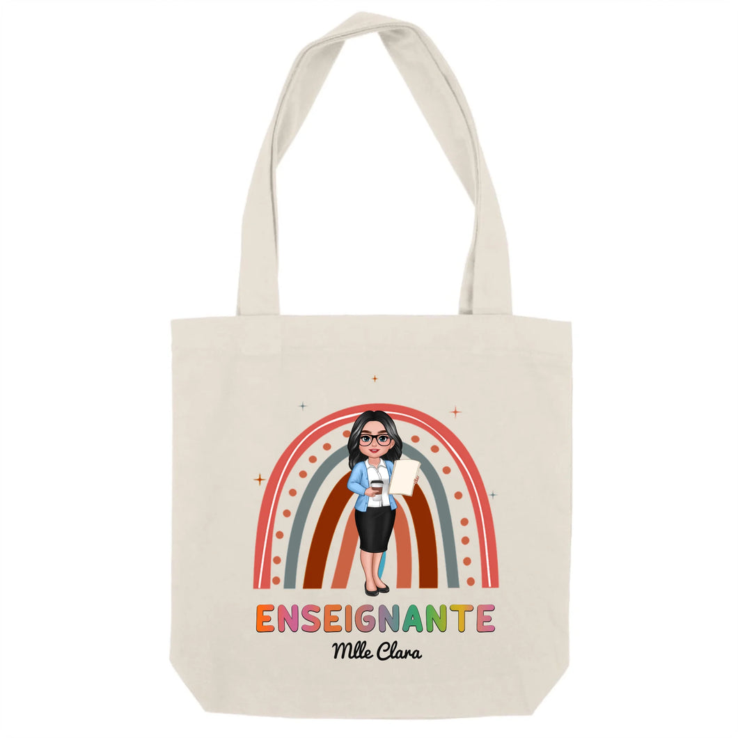 Enseignante Sac fourre-tout personnalisée, Tote bag Cadeaux pour la fête des enseignants, Enseignant, arc-en-ciel