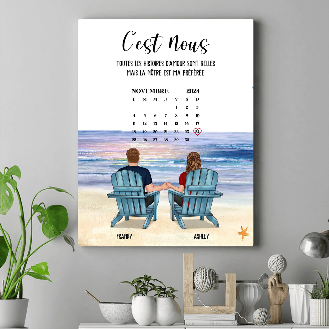 Date d'anniversaire Toile personnalisée, Saint-Valentin Cadeau couple, Couple assis sur la plage