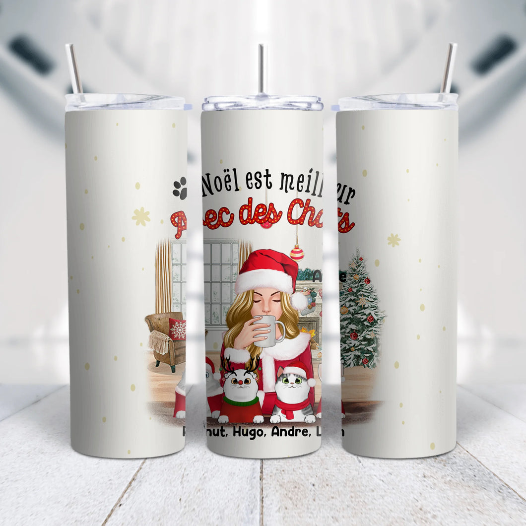 Gobelet personnalisée chat noms, Tumbler noël cadeau pour maman chat, noël est meilleur avec des chats