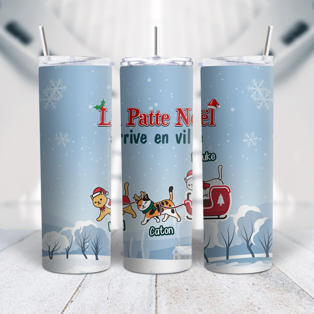 Gobelet chat personnalisée noms, Tumbler cadeau pour Maman Papa chats, jusqu'à 6 chats, La Patte Noël arrive en ville
