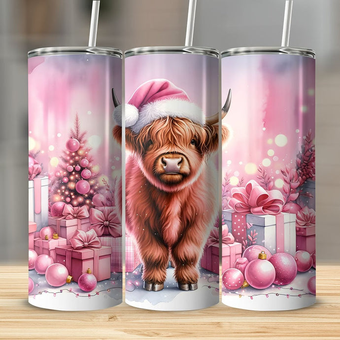 Gobelet à vaches Highland de Noël rose, Gobelet de Noël, Cadeau de Noël