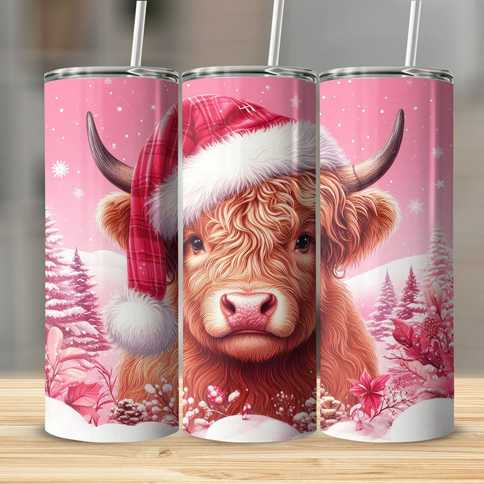 Gobelet à vaches Highland de Noël rose, Gobelet de Noël, Cadeau de Noël