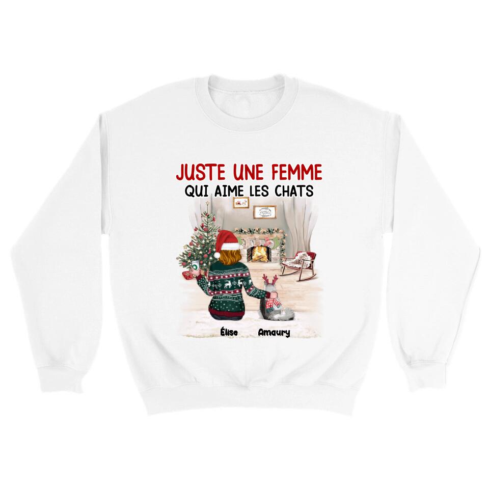 Jusqu'à 10 Chats, Pull personnalisé chat, Sweat à col rond pour Noël, Juste une femme qui aime les chats