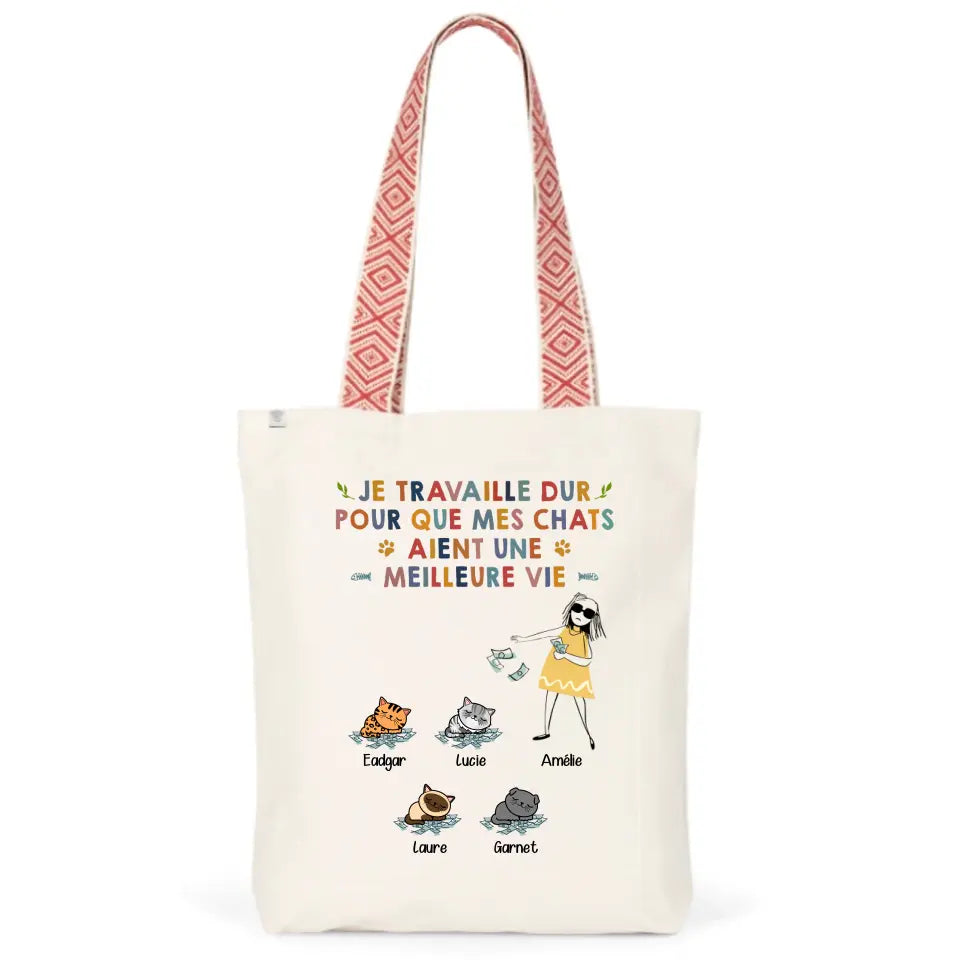 Tote Bag Personnalisé Chat, Je Travaille Dur pour que Mes Chats